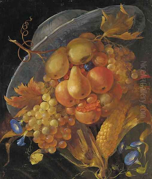 An anthropomorphic portrait of a man composed of apples, pears, grapes and corn on the cob Oil Painting by Giuseppe Arcimboldo