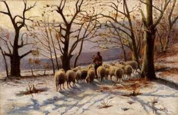 Al Pascolo Dopo La Nevicata Oil Painting by Achille Tominetti