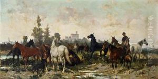 Pferde Auf Der Weide Oil Painting by Alfredo Tominz