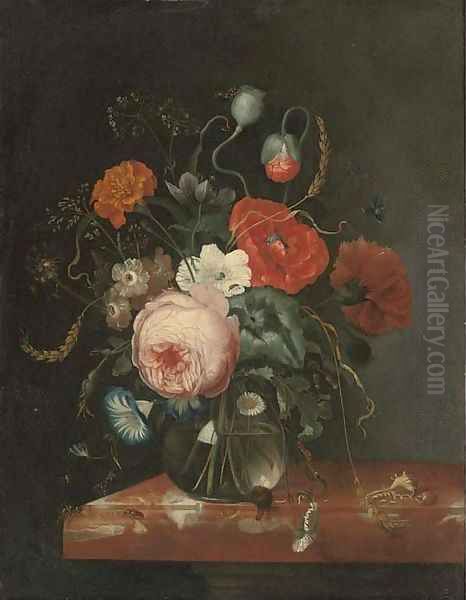 A rose, a peony, a carnation, convolvulus and other flowers in a glass vase Oil Painting by Johann Adalbert Angermayer