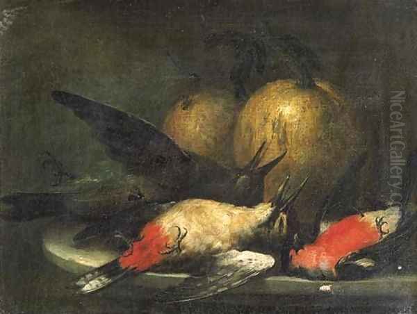 Dead songbirds and pumpkins on a stone ledge Oil Painting by Johann Adalbert Angermayer