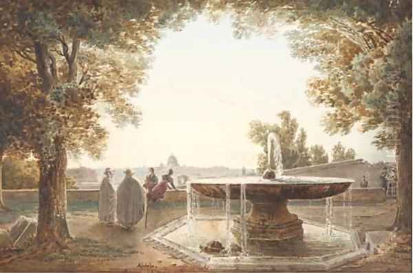 A view of Rome from the terrace of the Villa Medici, a fountain in the foreground Oil Painting by Jodocus Josse Sebastiaen Van Den Abeele