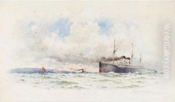 White Star Liner Entering The Mersey; Outward Bound, Fishing Boats Off Folkstone Oil Painting by William Stephen Tomkin