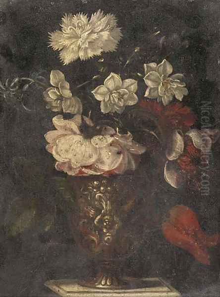 A rose, carnation, narcissi and other flowers in a vase on a table Oil Painting by Balthasar Van Der Ast