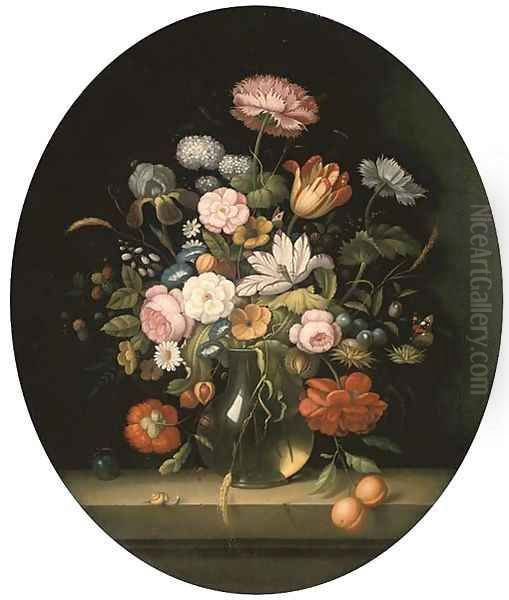 Roses, tulips, morning glory, berries and fruit in a glass jug with a butterfly, a dragonfly and a snail on a ledge Oil Painting by Balthasar Van Der Ast