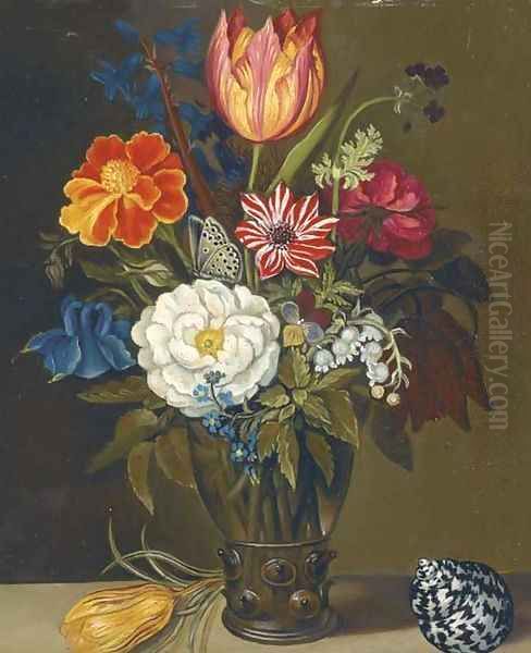 Mixed flowers in a glass vase, with a parrot tulip and a shell on a ledge Oil Painting by Balthasar Van Der Ast