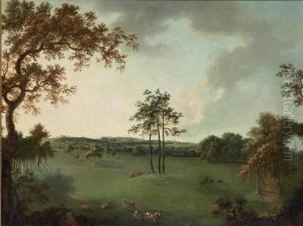 A View In Leicestershire With A Church, Possibly Melton Mowbray, In The Distance Oil Painting by William Tomkins