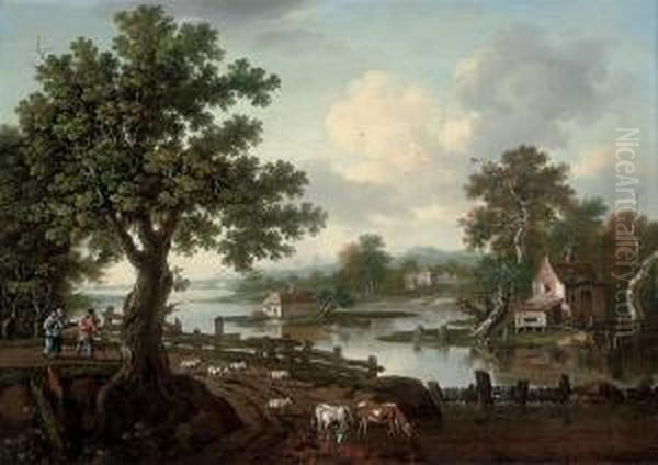 An Extensive Wooded River Landscape With Drovers And Their Animals On A Track, Cottages Beyond Oil Painting by William Tomkins