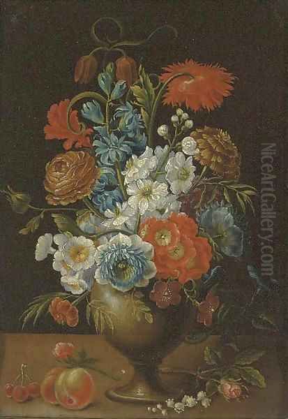 Roses, carnations, daffodils and other flowers in a vase on a ledge Oil Painting by Balthasar Van Der Ast