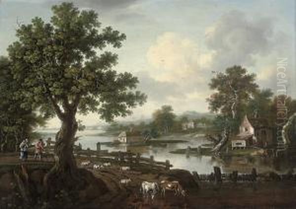 An Extensive Wooded River Landscape With Drovers And Their Animalson A Track Oil Painting by William Tomkins