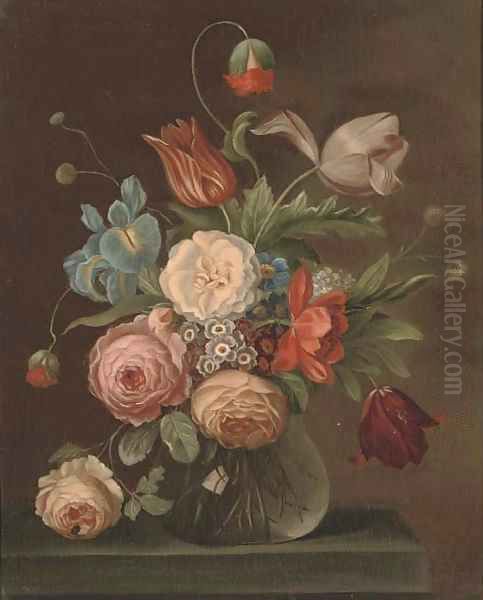 Roses, tulips, and other flowers in a glass vase with a snail and a fly on a ledge Oil Painting by Balthasar Van Der Ast