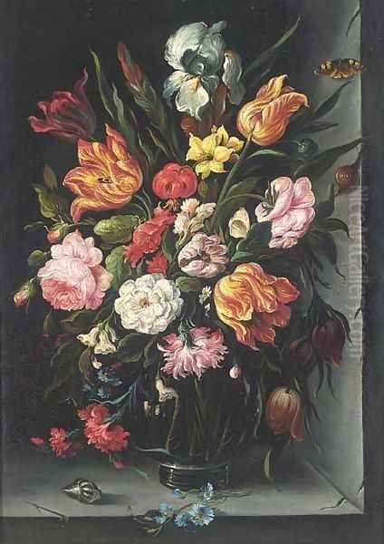 Roses, tulips, carnations, morning glory and other flowers in a glass vase with a butterfly, a snail and a shell on a ledge Oil Painting by Balthasar Van Der Ast