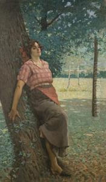 Giovane Contadina Sotto Gli Alberi Oil Painting by Angiolo Tommasi