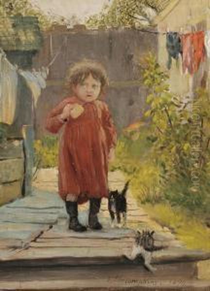 In The Alley/a Little Girl With Kittens Oil Painting by Frank Henry (Hector) Tompkins