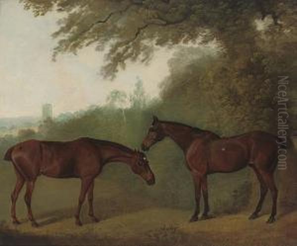 Printer And Simon, Two Chestnut Hunters In A Landscape Oil Painting by Clifton Tomson