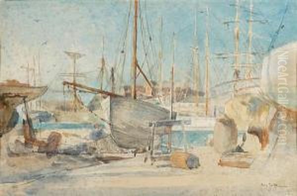 Boats In A Harbour Oil Painting by Henry Tonks