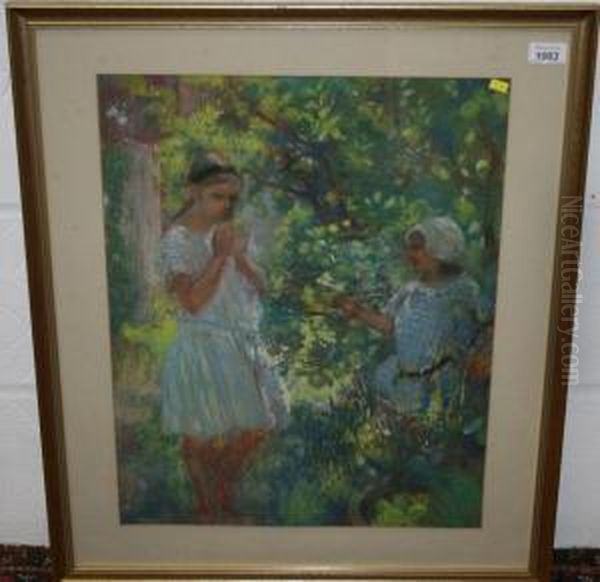 Study Of Two Girls In A Garden Oil Painting by Henry Tonks