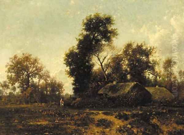 Figures in a wooded landscape by cottages Oil Painting by Jean Alexis Achard