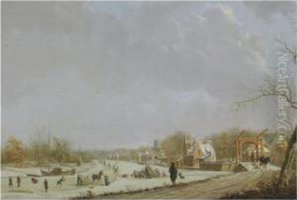 A Winter View Of Leiden With Figures Skating On The Oil Painting by Gerrit Toorenburg