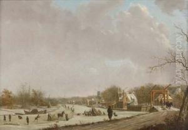 A Winter Landscape With Figures Skating On A Frozen River Oil Painting by Gerrit Toorenburg