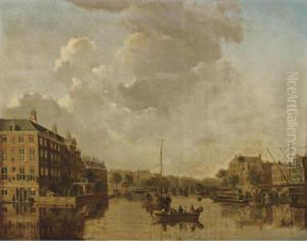 A View Of The Binnen Amstel Towards The Blauwbrug With The Deacon Orphanage To The Left Oil Painting by Gerrit Toorenburg