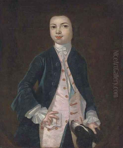 Portrait of a boy in a blue coat and pink waistcoat, a dog at his side, feigned oval Oil Painting by Charles d' Agar