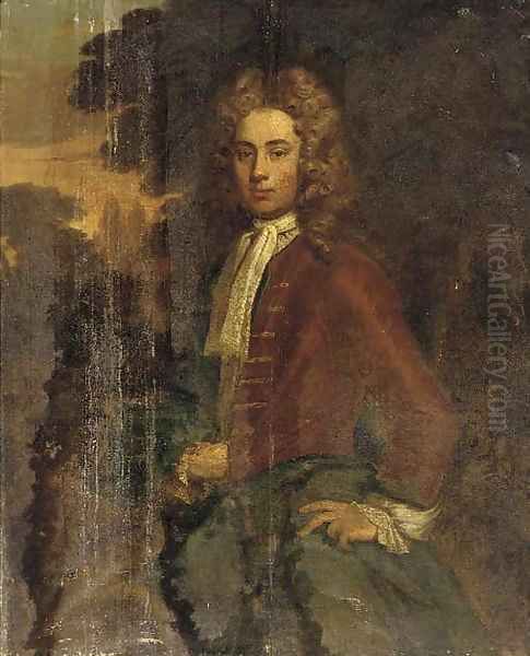 Portrait of a gentleman, three-quarter-length, in a brown jacket and green wrap Oil Painting by Charles d' Agar