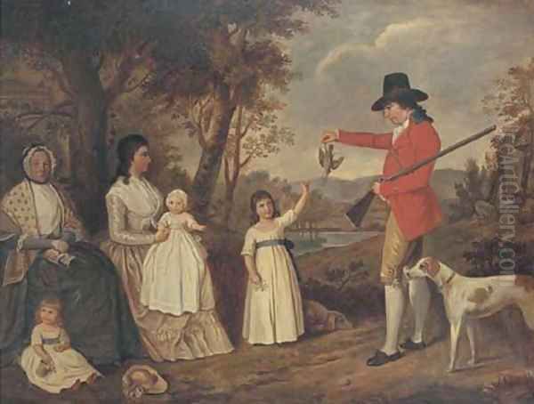 A group portrait of the Spreull family at Charing Cross, Glasgow, James Spreull, full-length, holding a woodcock with a gundog at his side Oil Painting by David Allan