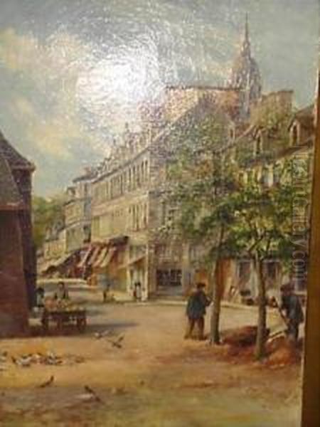 A Continental Street Scene Oil On Canvas Signed Lowerright 59cm X 46cm Oil Painting by Frank William Warwick Topham