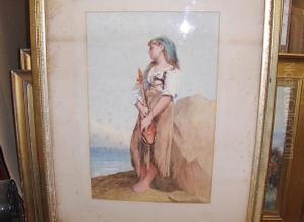 Girl With A Mandolin On The Shore Oil Painting by W. Topham