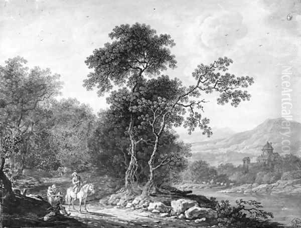 An extensive mountainous landscape with a traveller asking his way to a family of beggars, a river in the background Oil Painting by Christoph Ludwig Agricola