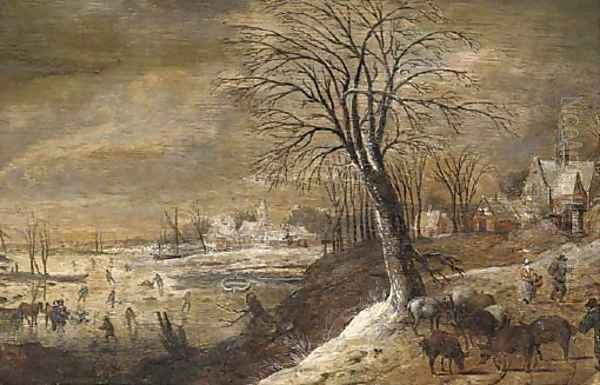 A winter landscape with herders and other figures, skaters on a frozen river beyond Oil Painting by Denys Van Alsloot