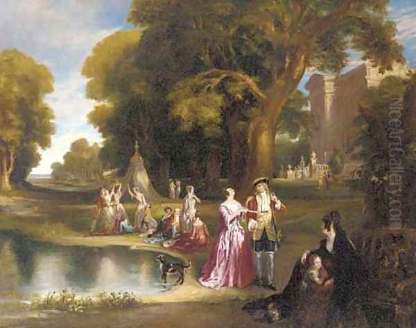 Elegant figures before a country house Oil Painting by Henry Andrews