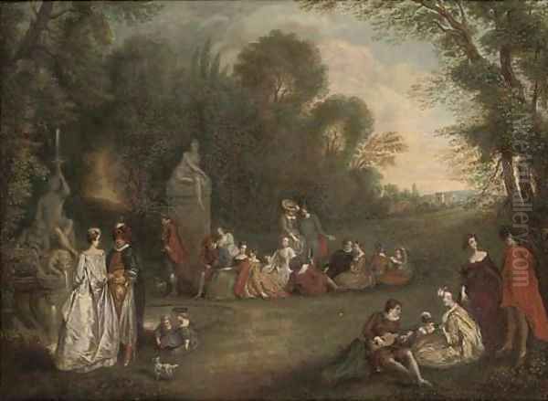 Elegant figures engaged in poetical pursuits, in an extensive landscape Oil Painting by Henry Andrews