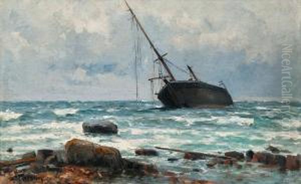 Wreck Near The Shore Oil Painting by Woldemar Toppelius