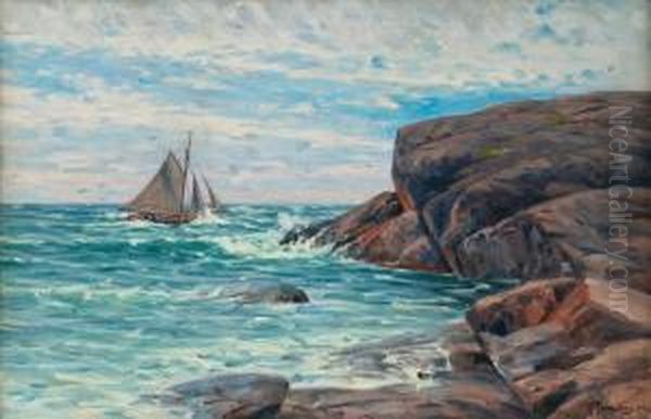 A Sailboat By The Shore Oil Painting by Woldemar Toppelius