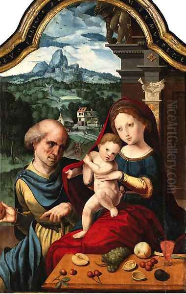 The Holy Family with a village and mountains beyond Oil Painting by Pieter Coecke Van Aelst