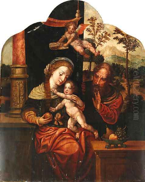 The Holy Family with an angel crowning the Virgin, a landscape beyond Oil Painting by Pieter Coecke Van Aelst