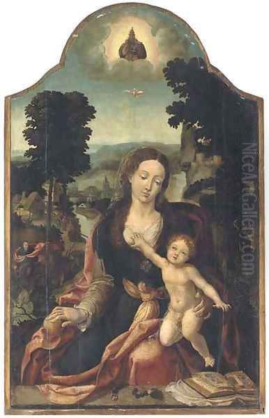 The Virgin and Child in an extensive river landscape Oil Painting by Pieter Coecke Van Aelst