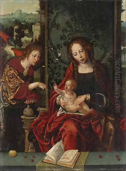 The Virgin and Child enthroned, with the Angel Gabriel proffering a lily a fragment Oil Painting by Pieter Coecke Van Aelst