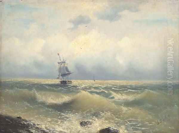 A two masted barque running along the coast Oil Painting by Ivan Konstantinovich Aivazovsky