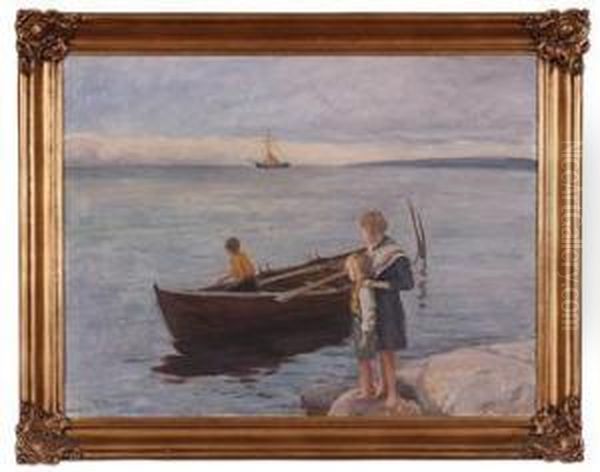 Kystlandskap Med Robat Og Barn Oil Painting by Thorvald Hagbart Torgersen