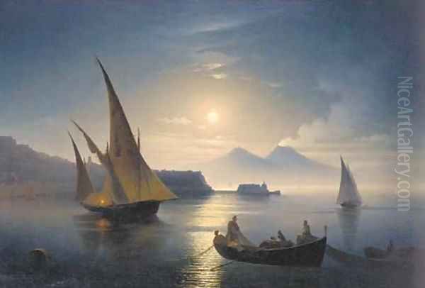 The bay of Naples by moonlight Oil Painting by Ivan Konstantinovich Aivazovsky