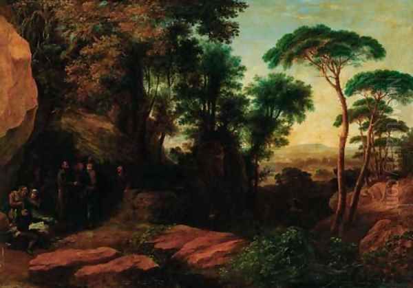 Travellers resting in an extensive wooded landscape Oil Painting by Agostino Aglio