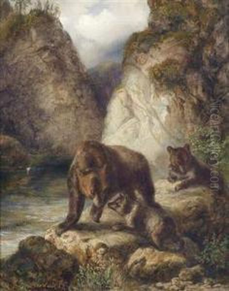 A Family Of Bears At A Rocky Creek Bank Oil Painting by Karl Wilhelm Tornau