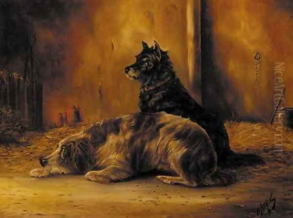 Two dogs in a barn Oil Painting by Edwin Armfield