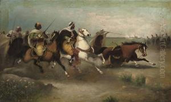 A Moorish Cavalry Charge Oil Painting by F. Torni