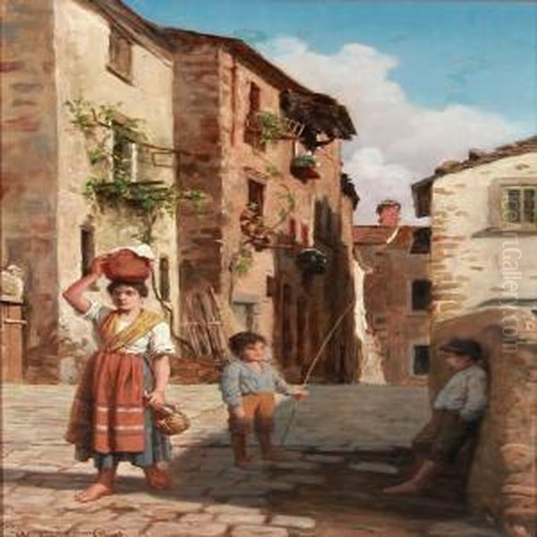 Street Life In Cortona, Italy Oil Painting by Wenzel Ulrik Tornoe