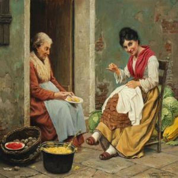 Two Italian Women Sitting In Front Of An Old House Oil Painting by Wenzel Ulrik Tornoe