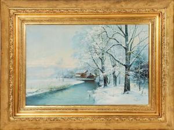 Vinterlandskap Med Bebyggelse Vid A Oil Painting by Isidor Tornstrom